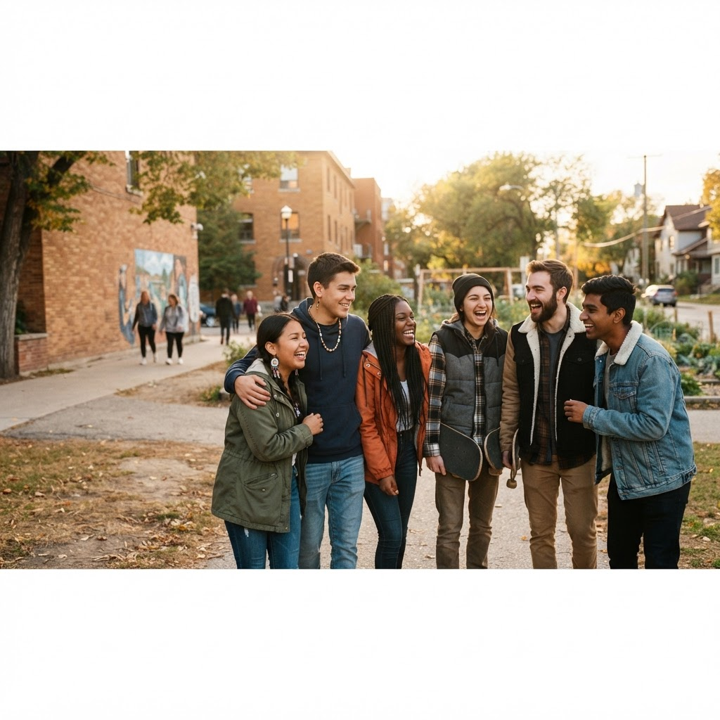 A diverse group of young people connecting outdoors